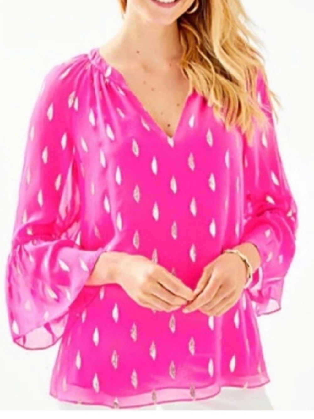 Lilly Pulitzer Pink Silk Matilda Metallic Gold Ruffle V-Neck Blouse Top XS